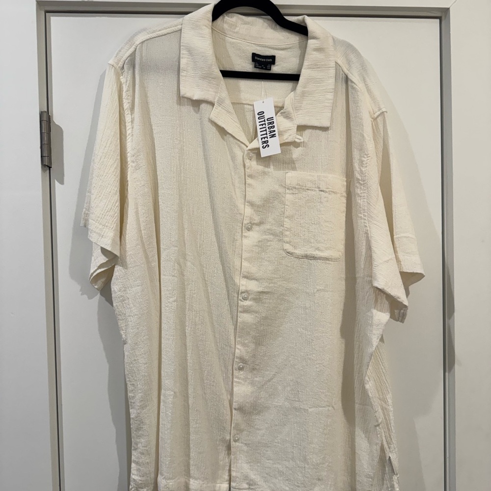 Urban Outfitters Cream Textured Short-Sleeve Button-Down Shirt